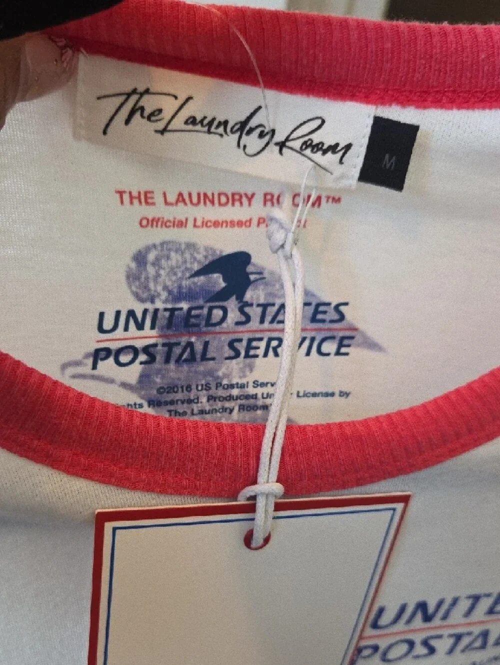 The Laundry Room White Tee with Pink/Red Ringer Trim and Blue Postal Graphic - Picture 3 of 3